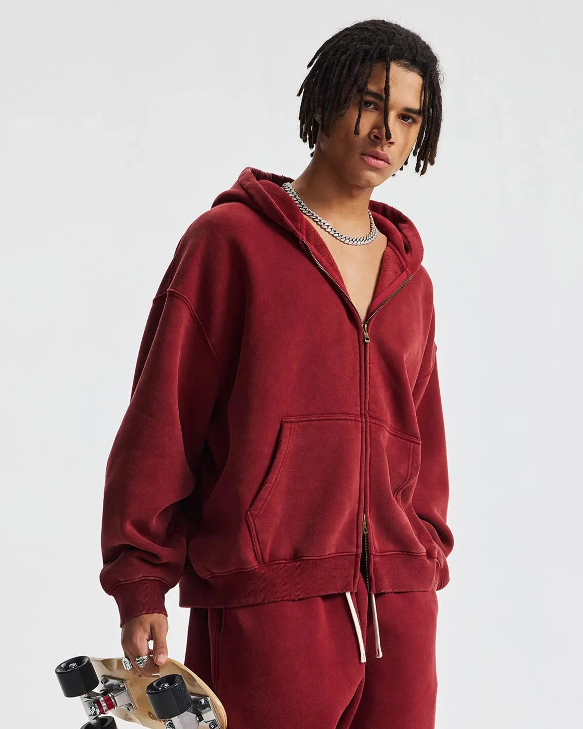 Boxy fit acid washed fleece zip-up hoodie from Flation Streetwear, featuring a casual, relaxed style with a front zipper and hood.