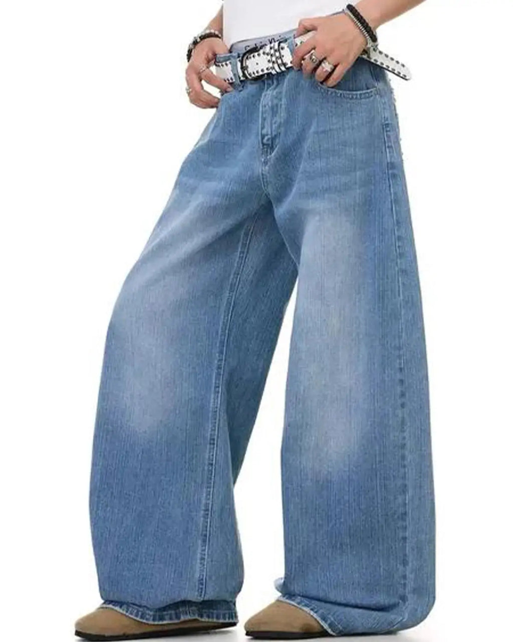 INFLATION Cross Stud Bamboo Weave Baggy Jeans featuring relaxed fit, bamboo pattern, and distressed details in a streetwear style.