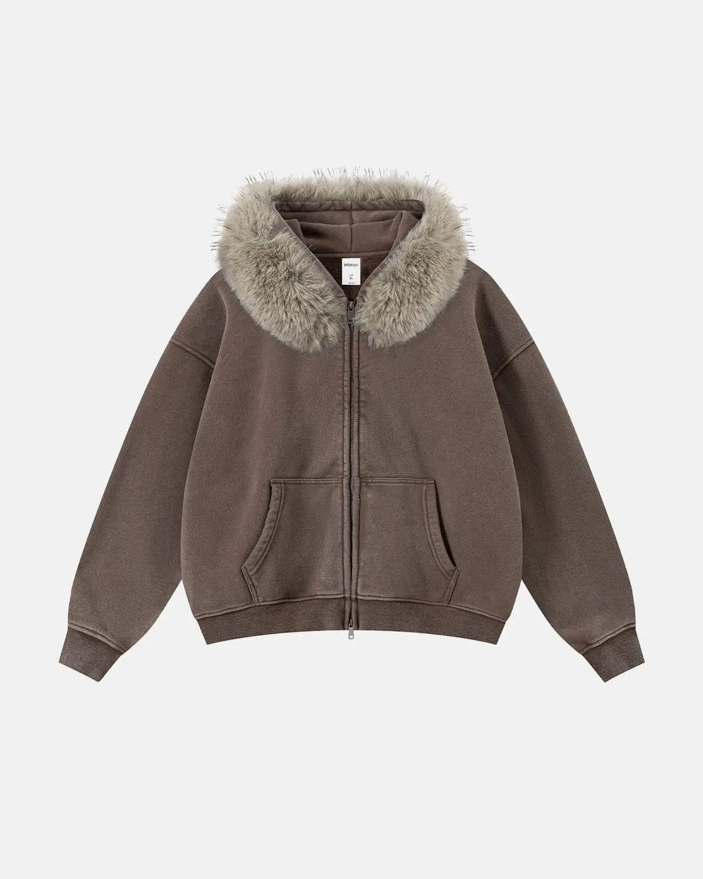 Inflation faux fur collar acid wash zip-up hoodie with hood and front pockets, stylish streetwear sweatshirt.