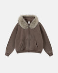Inflation faux fur collar acid wash zip-up hoodie with hood and front pockets, stylish streetwear sweatshirt.