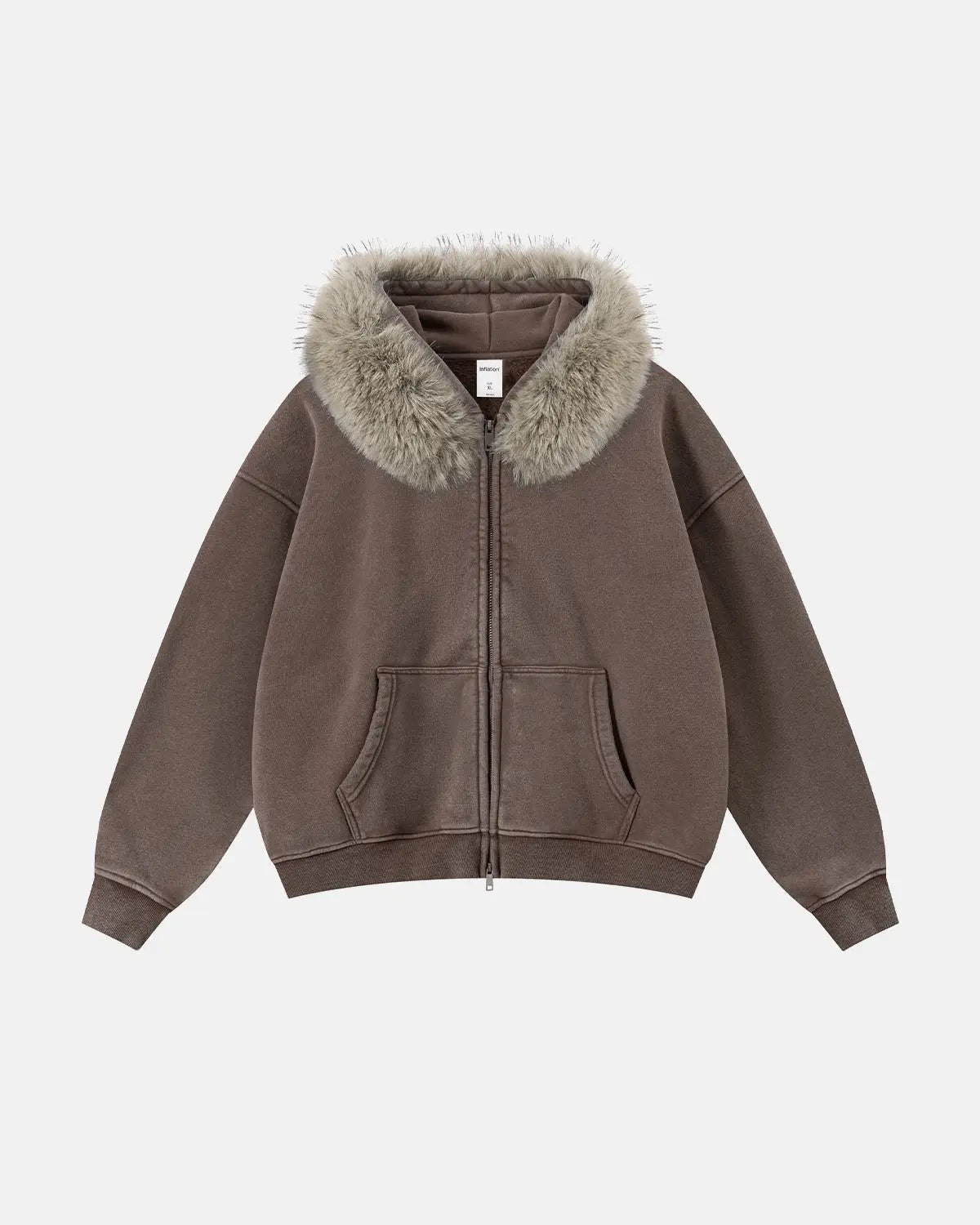 Inflation faux fur collar acid wash zip-up hoodie with hood and front pockets, stylish streetwear sweatshirt.