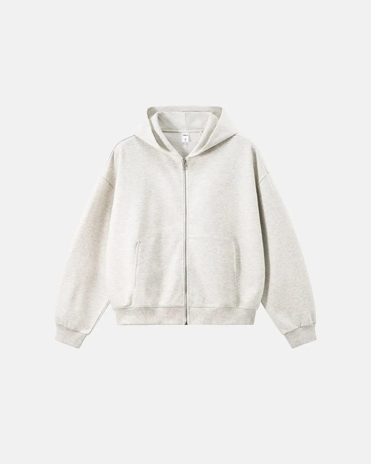 Flation French Terry zip-up hoodie with front pockets and adjustable drawstrings, shown in a casual streetwear style.