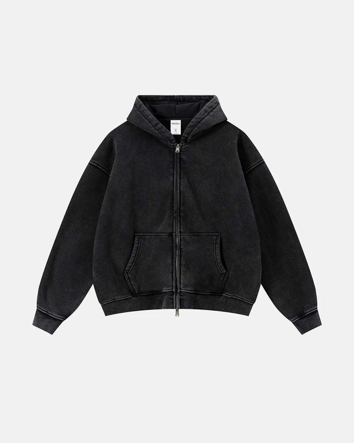 Vintage washed fleece boxy zip hoodie by INFLATION Streetwear, shown with front zipper and relaxed fit in soft textured fabric.