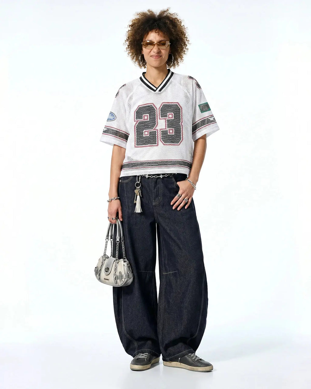 Flation Streetwear 23 Jersey Mesh Print Tee showing a trendy black and white mesh print T-shirt with bold graphics.
