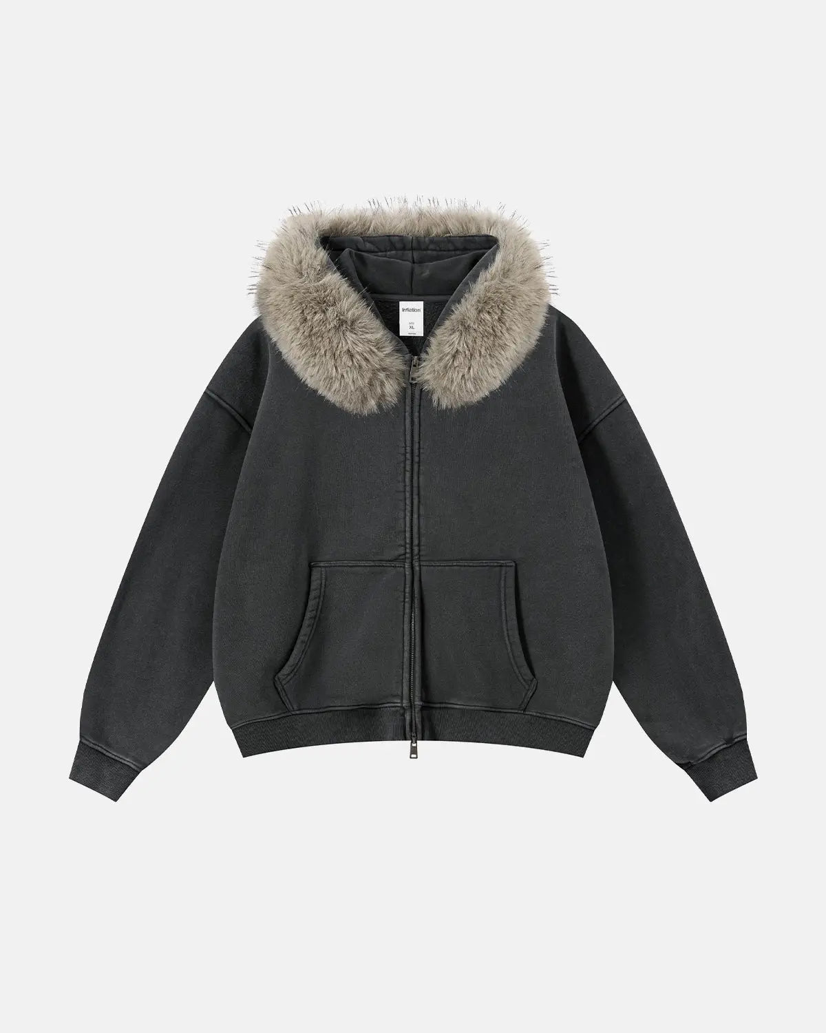 Inflation faux fur collar acid wash zip-up hoodie featuring a hood, zipper closure, and stylish streetwear design.