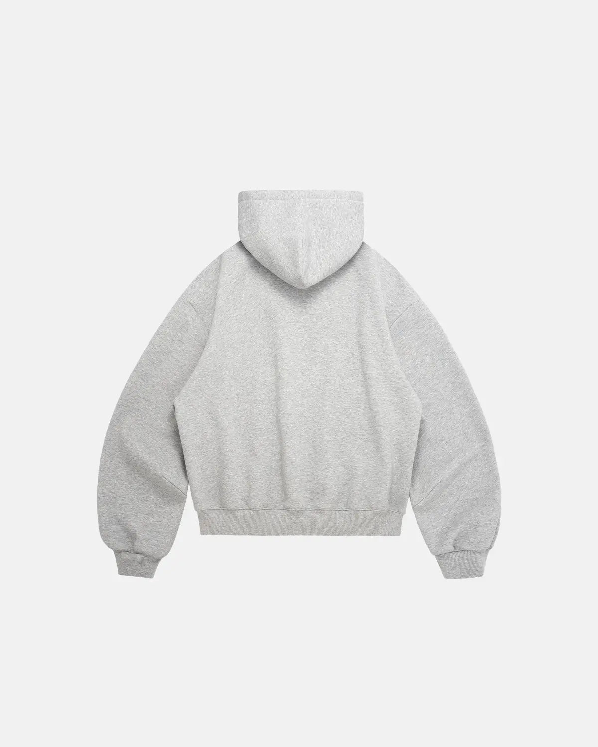 Grey cropped fleece hoodie by Flation Streetwear, showing the relaxed fit and soft fleece fabric with hood and long sleeves.