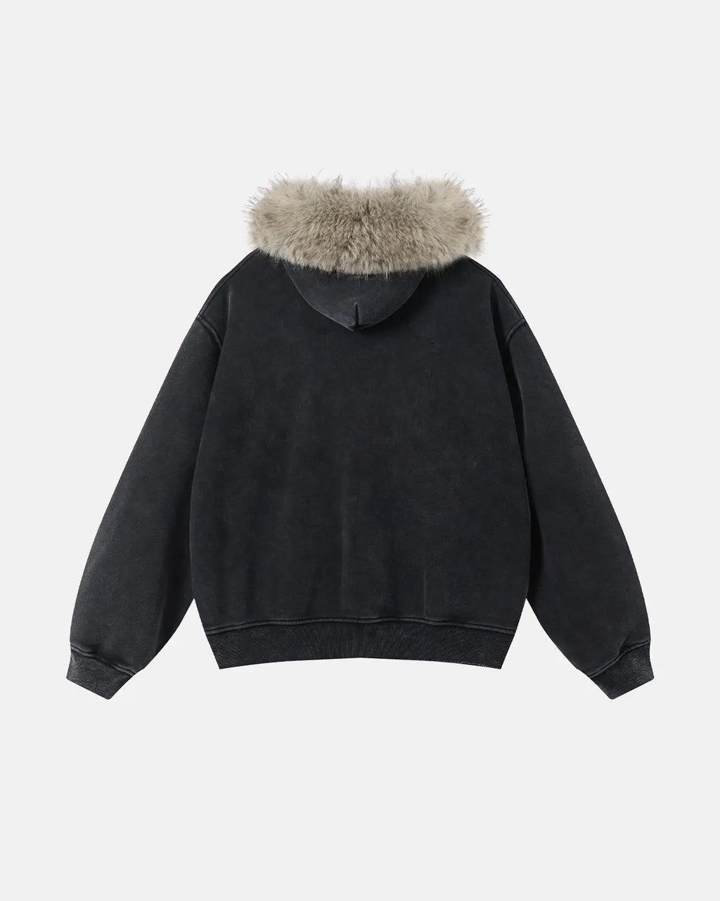 Inflation Streetwear faux fur collar distressed zip-up hoodie with hood and zipper detail, stylish and cozy urban streetwear.