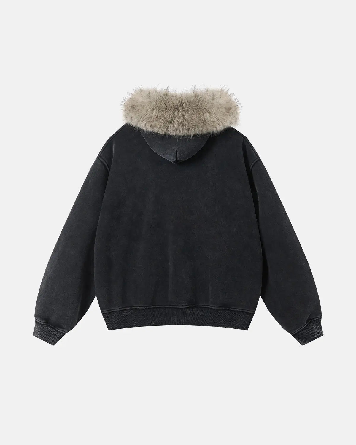 Inflation Streetwear faux fur collar distressed zip-up hoodie with hood and zipper detail, stylish and cozy urban streetwear.