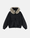 Inflation Streetwear faux fur collar distressed zip-up hoodie with hood and front pockets, casual streetwear style.