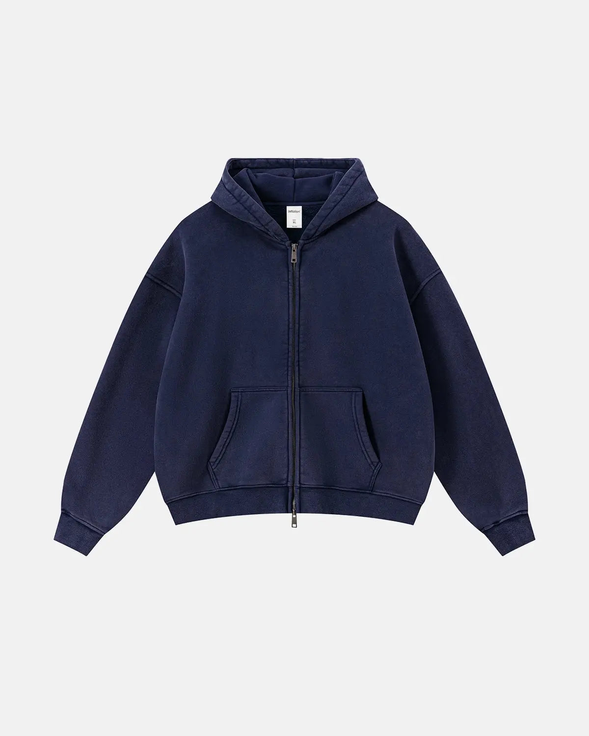 Vintage washed fleece boxy zip hoodie by INFLATION, featuring a relaxed fit and casual streetwear style in soft, textured fabric.