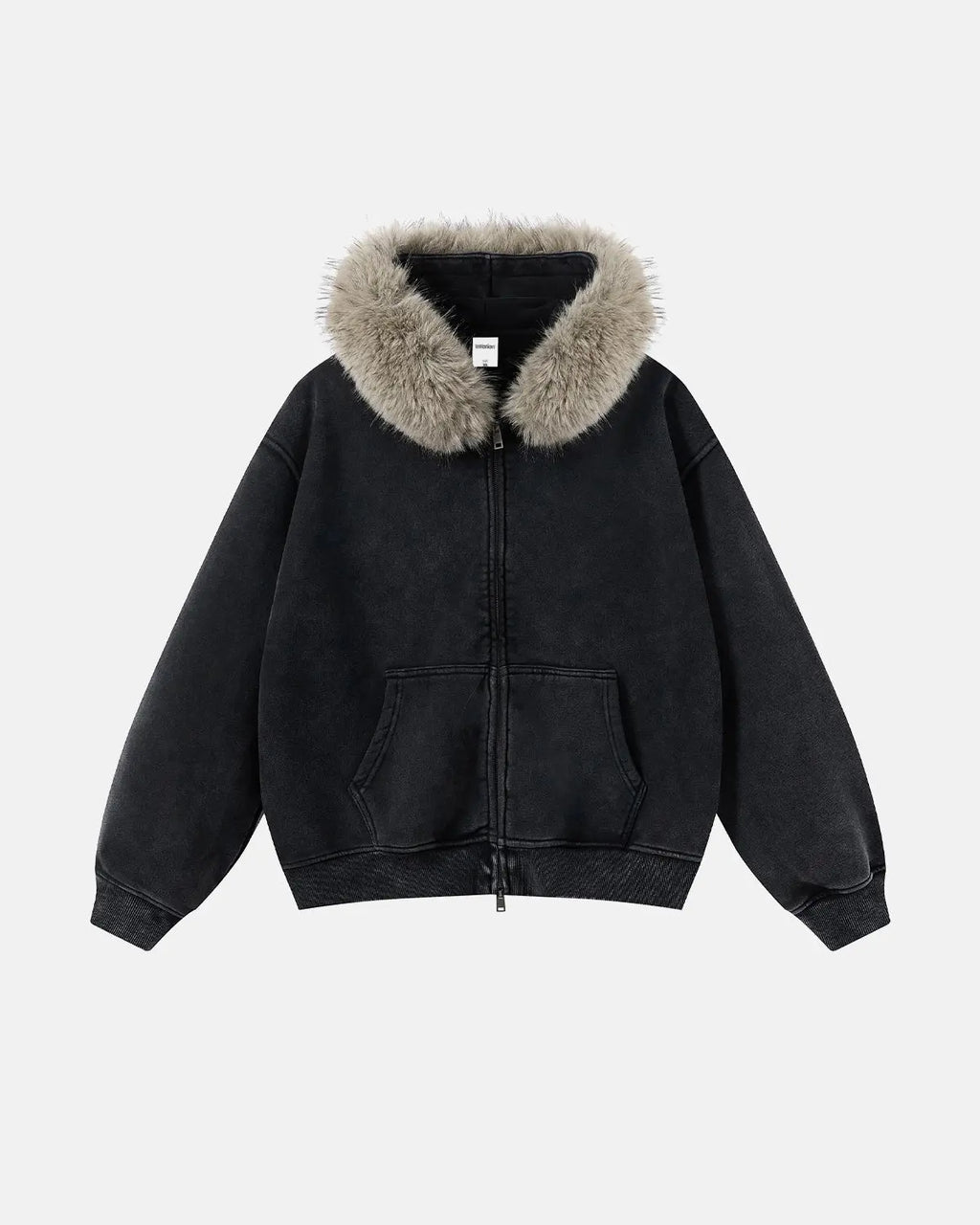 Inflation Streetwear faux fur collar distressed zip-up hoodie featuring a plush faux fur collar and a rugged distressed design.