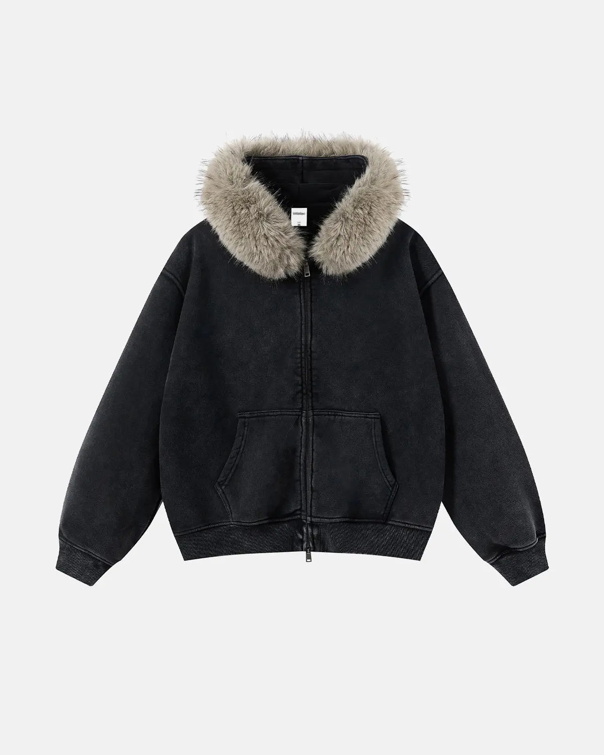 Inflation Streetwear faux fur collar distressed zip-up hoodie featuring a plush faux fur collar and a rugged distressed design.