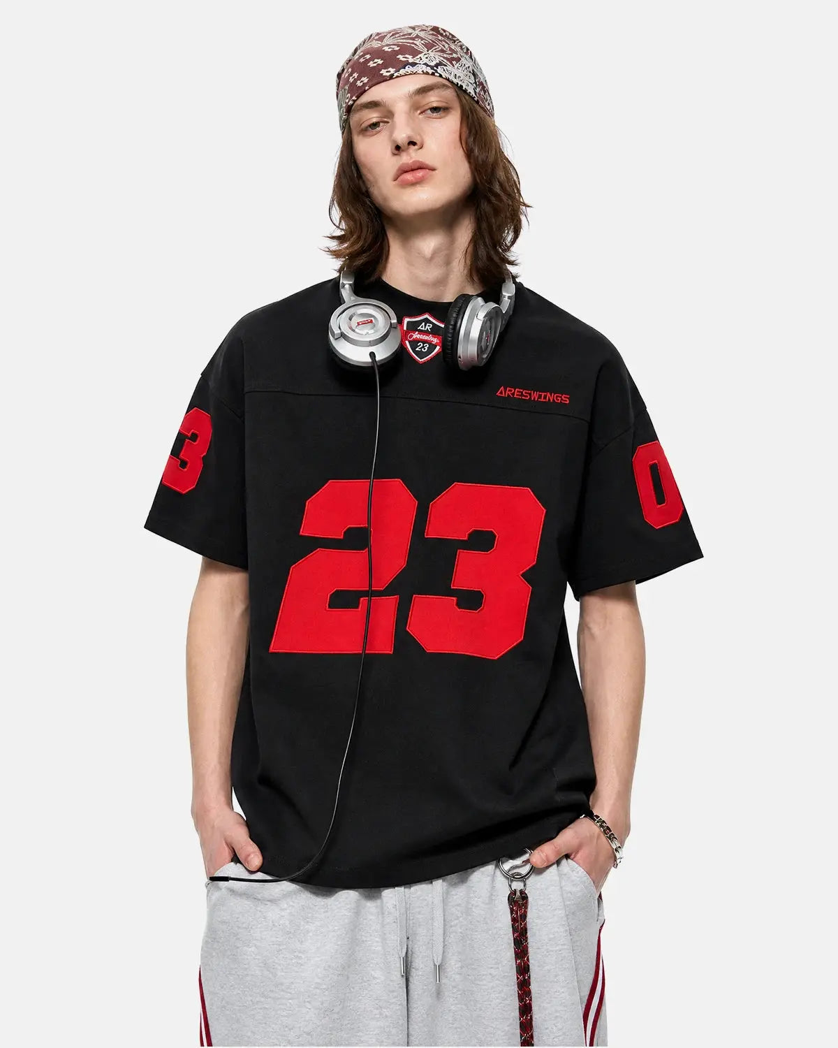 Inflation Streetwear varsity number applique t-shirt featuring bold stitched number design on white cotton fabric.