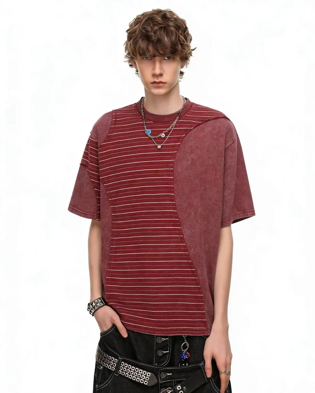 Striped patchwork washed T-shirt by Inflation Streetwear, showing a casual fit with colorful striped and patchwork design.