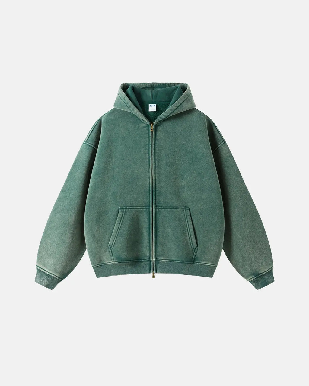 Acid washed distressed fleece zip-up hoodie by Flation Streetwear with a relaxed fit and worn-in style.