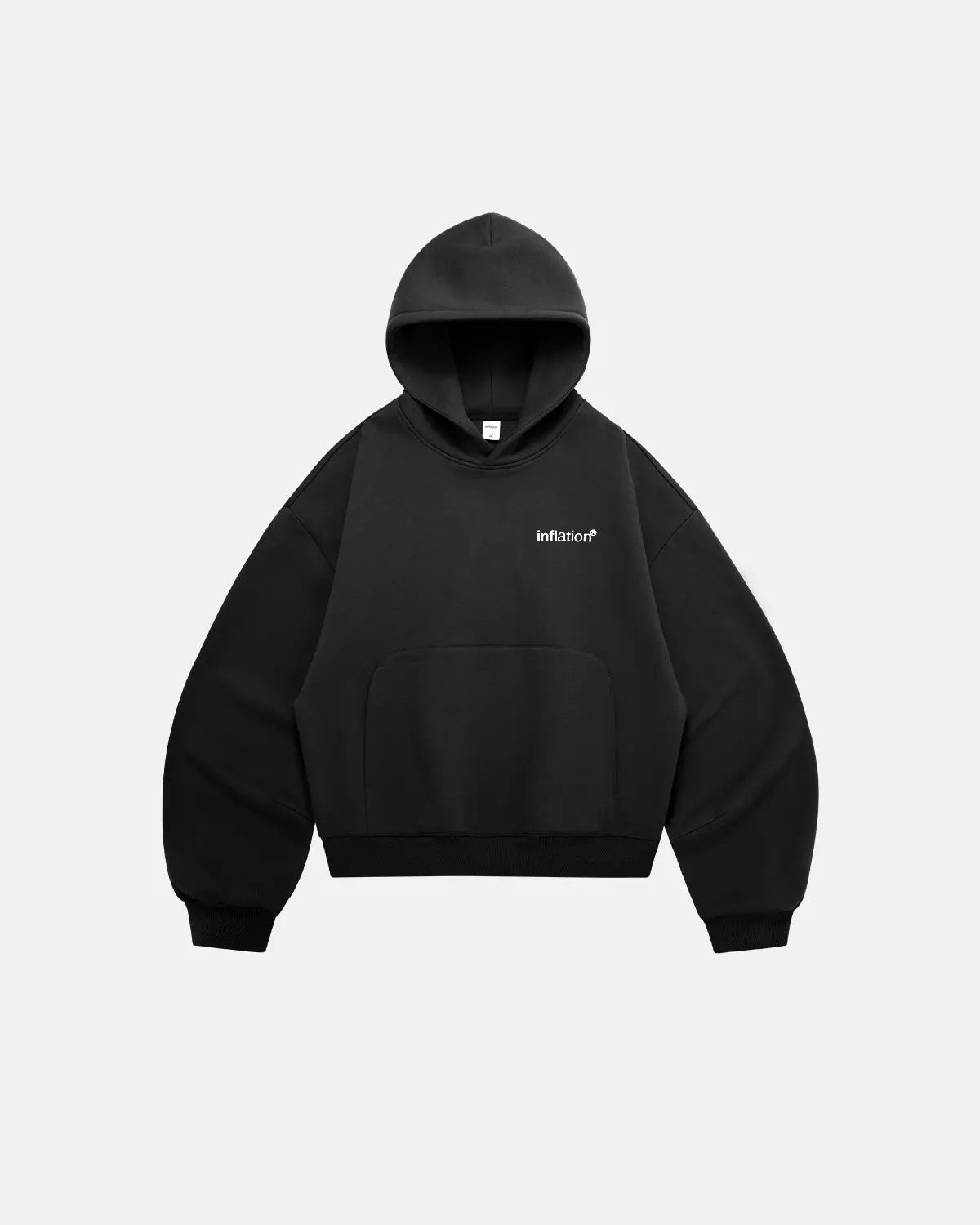 Inflation Streetwear logo cropped fleece hoodie in black, featuring a bold logo design on the front and a cozy, cropped fit.