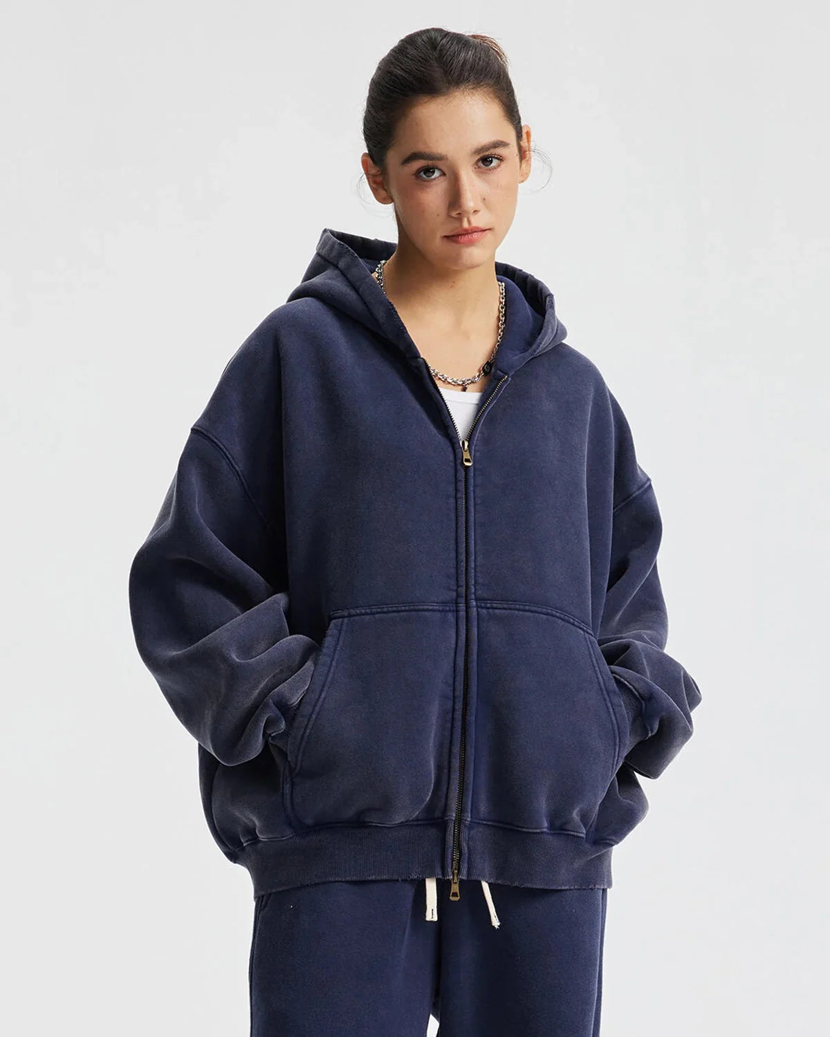 Boxy fit acid washed fleece zip-up hoodie by Flation featuring a casual streetwear style and a relaxed fit.