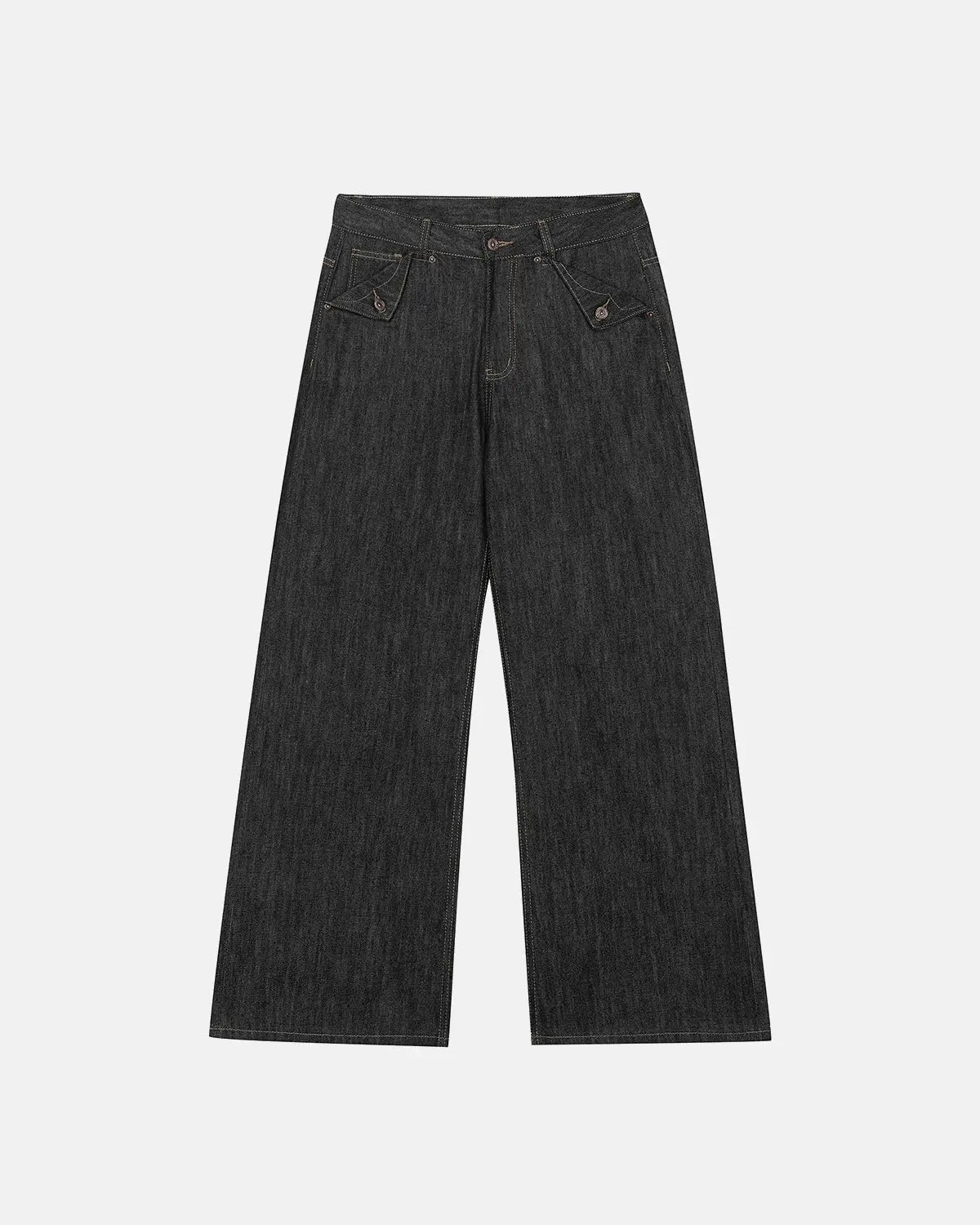 Inflation Streetwear Cinch Back Raw Wide Leg Baggy Jeans, stylish raw denim pants with wide legs and cinch back detail.