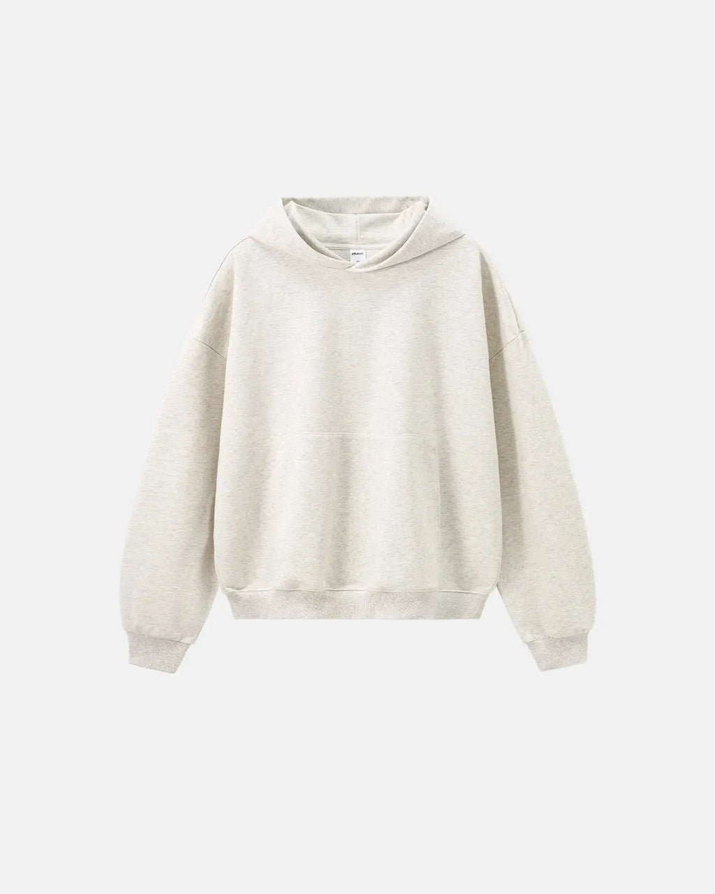 Blank boxy fit French Terry hoodie by Flation featuring a relaxed fit, soft fabric, and minimalist streetwear style.