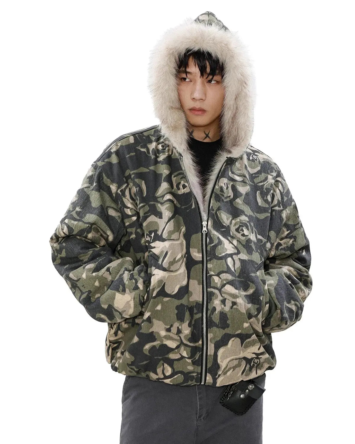 Camo faux fur padded hooded jacket by INFLATION, featuring a camouflage pattern, plush faux fur trim, and quilted insulation.