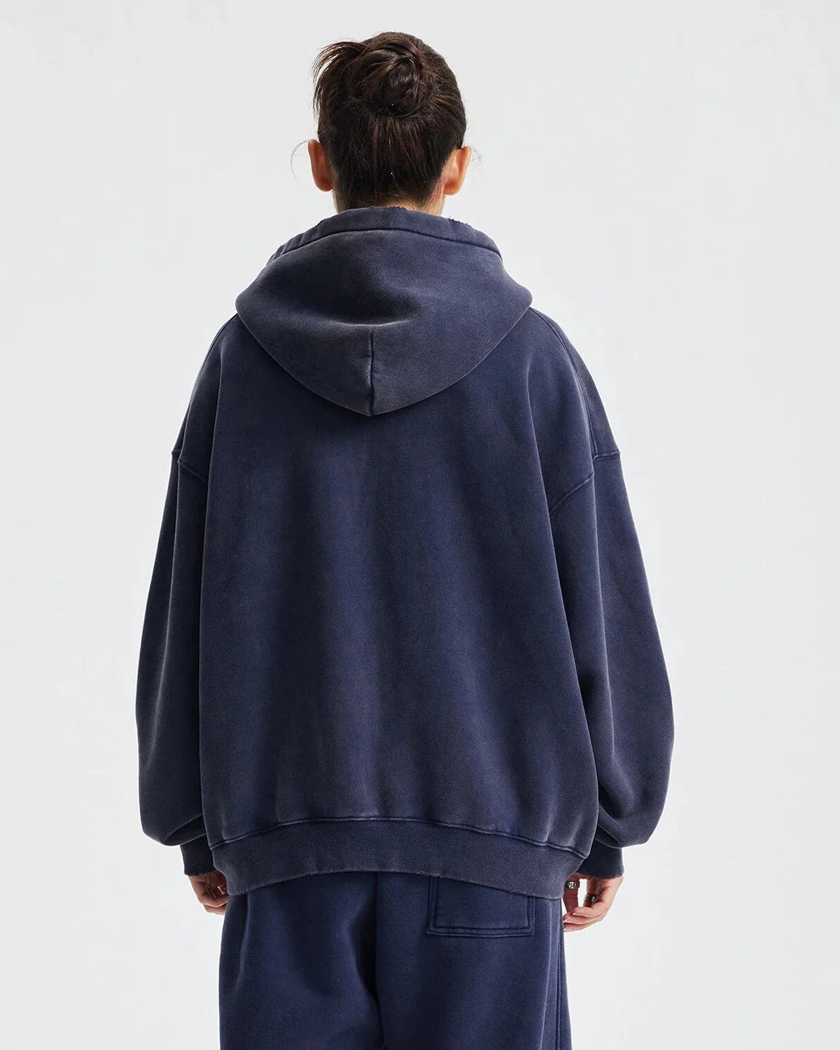 Boxy fit acid washed fleece zip-up hoodie by Flation Streetwear, showing the front view with hood and zipper details.