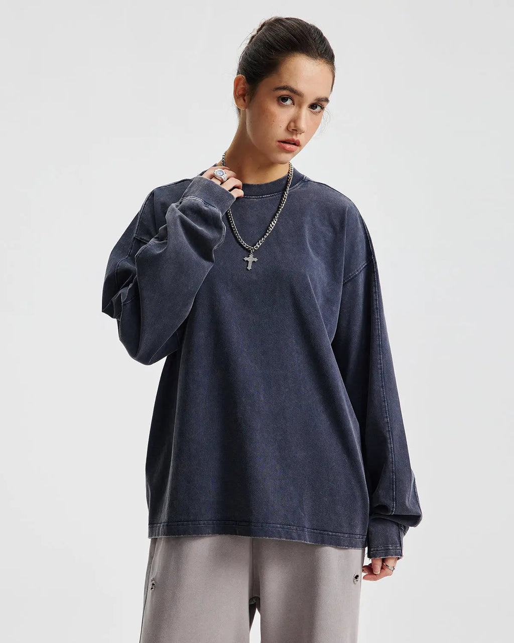 Distressed acid wash oversized long sleeve tee from Flation Streetwear featuring a relaxed fit and vintage-inspired style.
