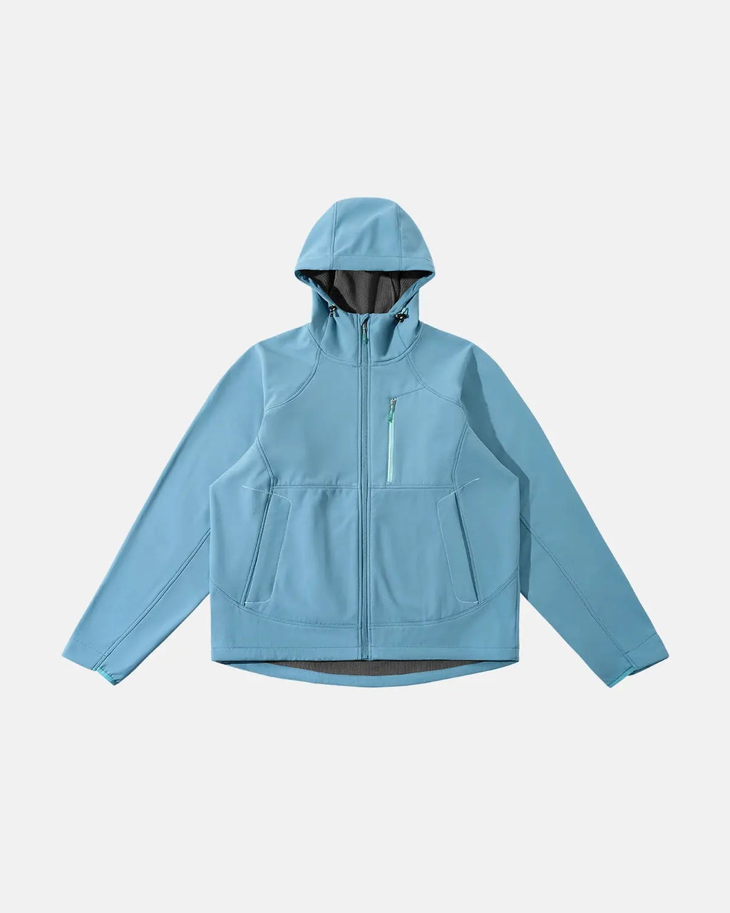 Inflation outdoor fleece-lined softshell hiking jacket with a hood, front zipper, and multiple pockets for outdoor adventure.