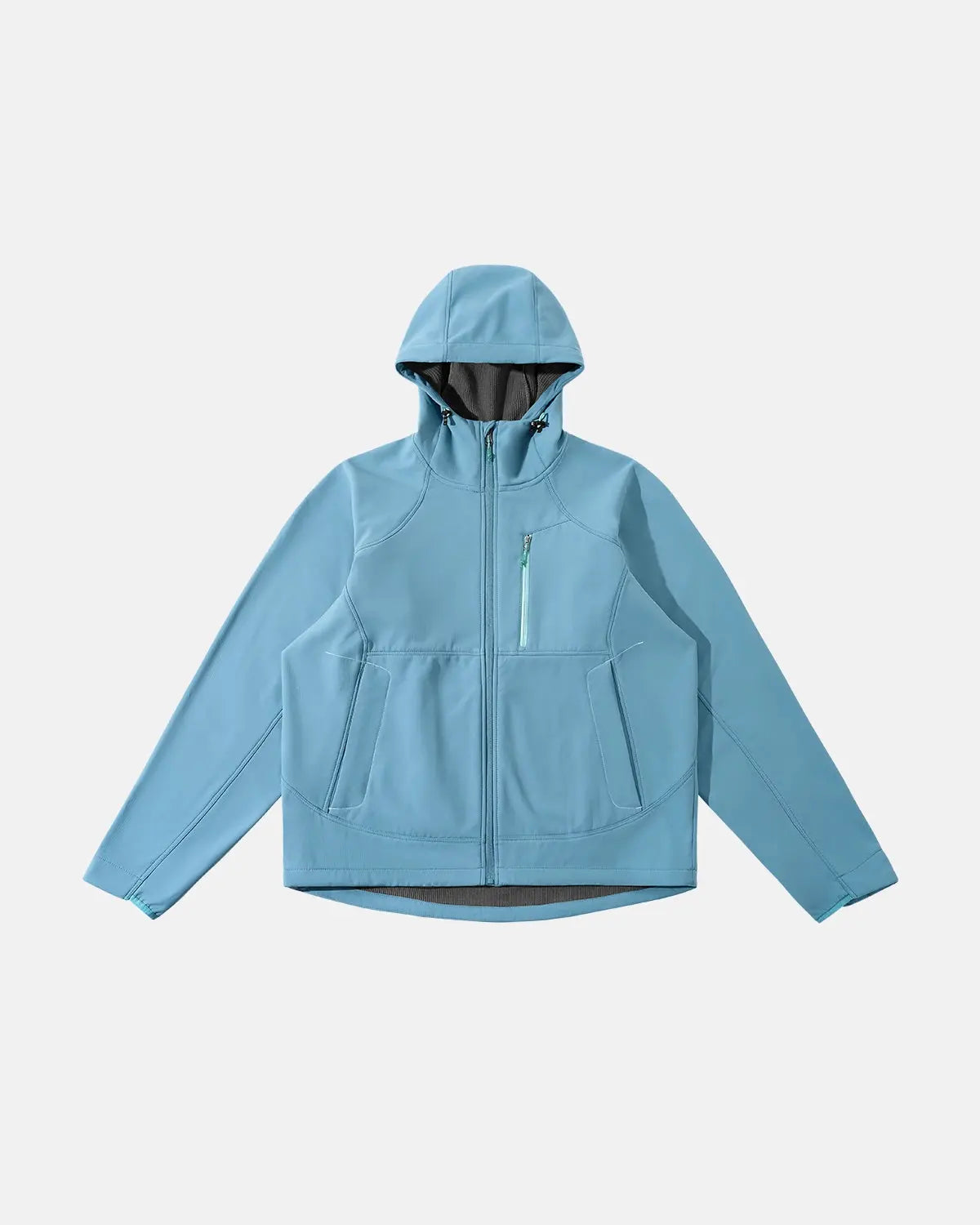 Inflation outdoor fleece-lined softshell hiking jacket with a hood, front zipper, and multiple pockets for outdoor adventure.