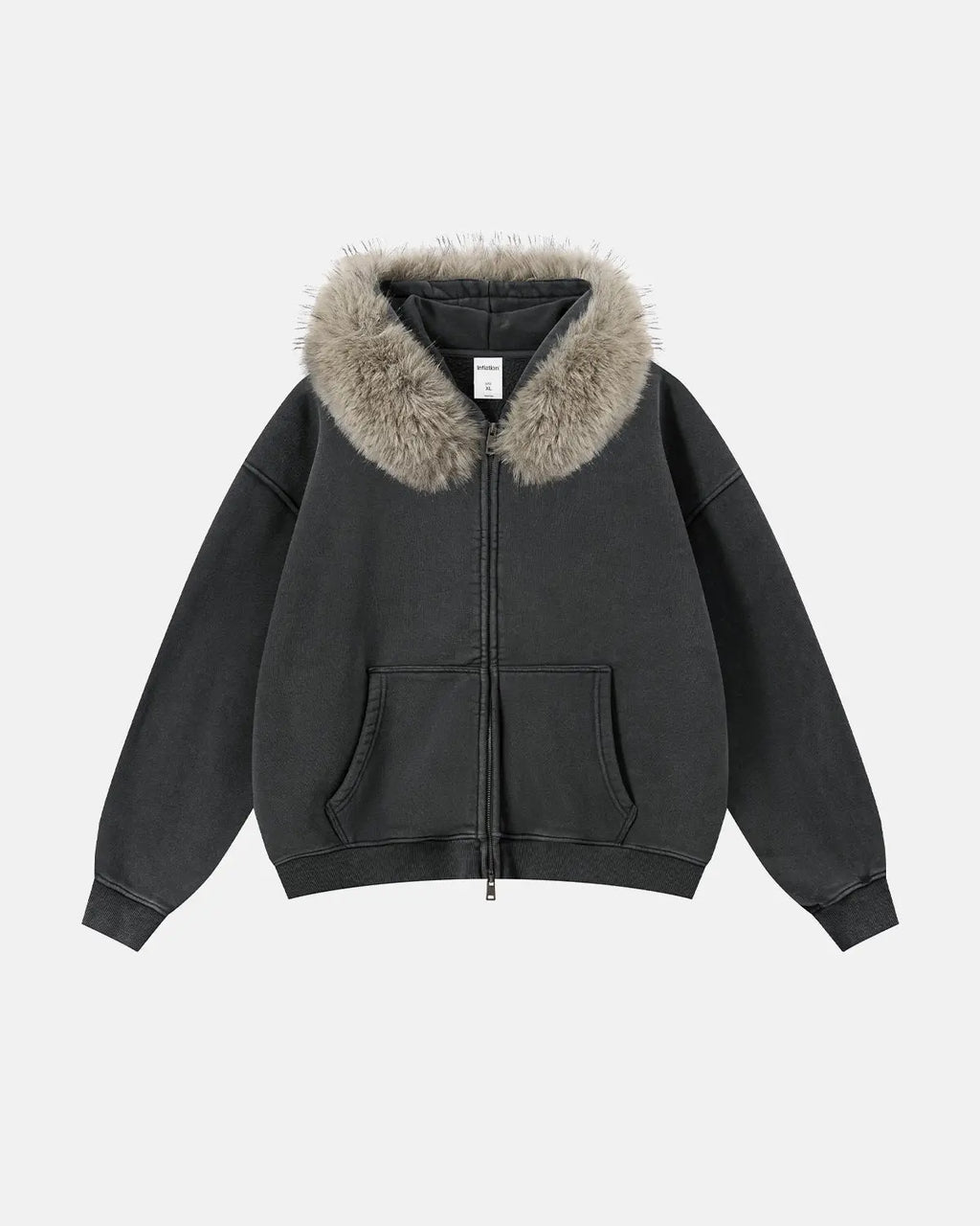 Inflation streetwear faux fur collar distressed zip-up hoodie with hood and front pockets, stylish and casual urban fashion.