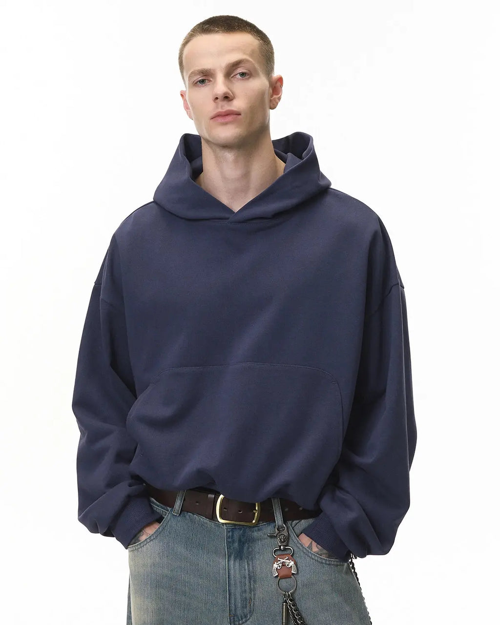 Blank boxy fit French terry hoodie by Flation, featuring a relaxed silhouette and cozy fabric, perfect for streetwear style.