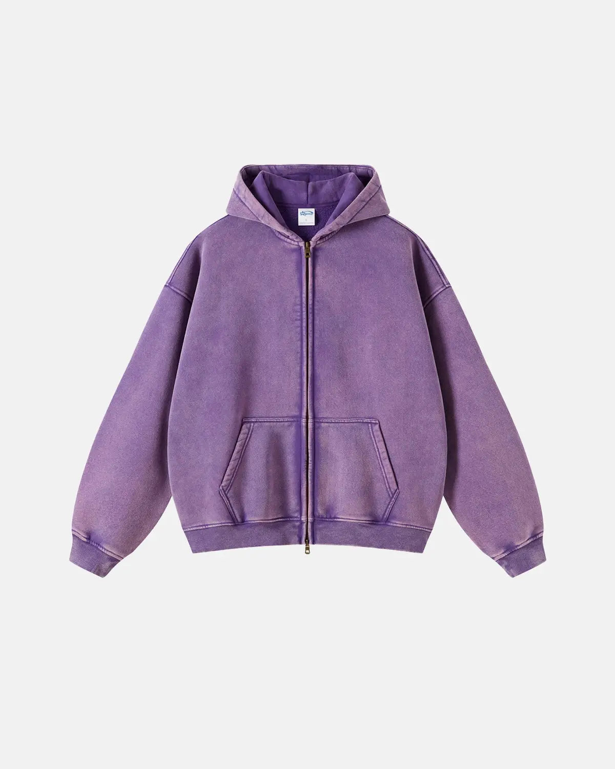 Grey distressed acid wash zip-up hoodie from Inflation Streetwear, featuring a casual fit and front zipper closure.