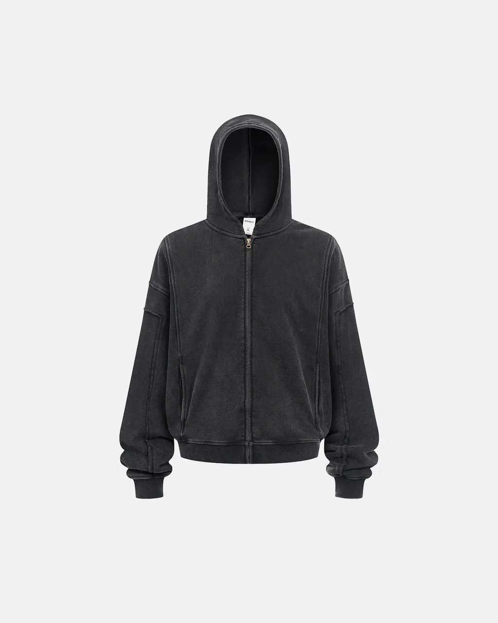 Acid wash stitching zip-up hoodie by Flation Streetwear featuring distressed fabric and adjustable hood for a casual look.