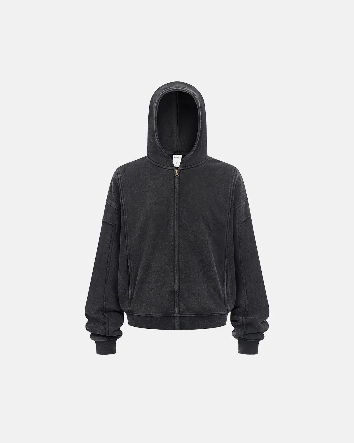 Acid wash stitching zip-up hoodie by Flation Streetwear featuring distressed fabric and adjustable hood for a casual look.