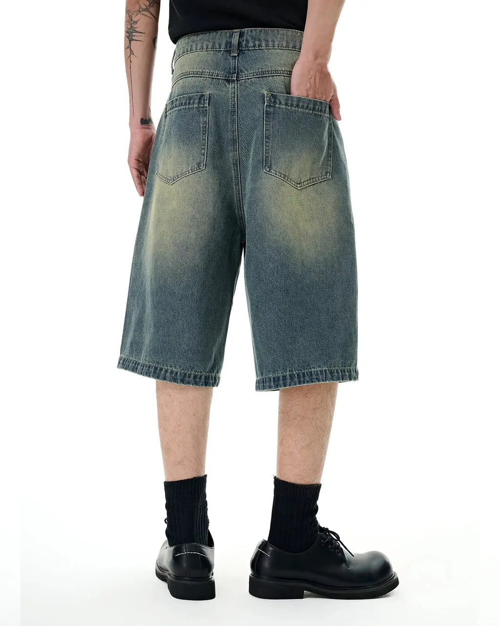Retro washed denim shorts jorts by Flation Streetwear featuring distressed details and frayed hems for a casual, vintage look.