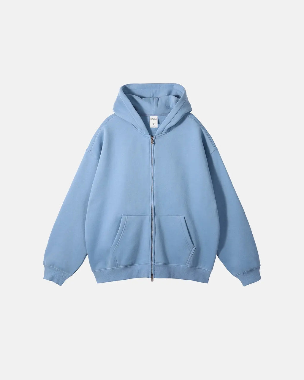 Red fleece double zip-up hoodie jacket by Flation Streetwear with a hood and front pockets, casual urban street style.