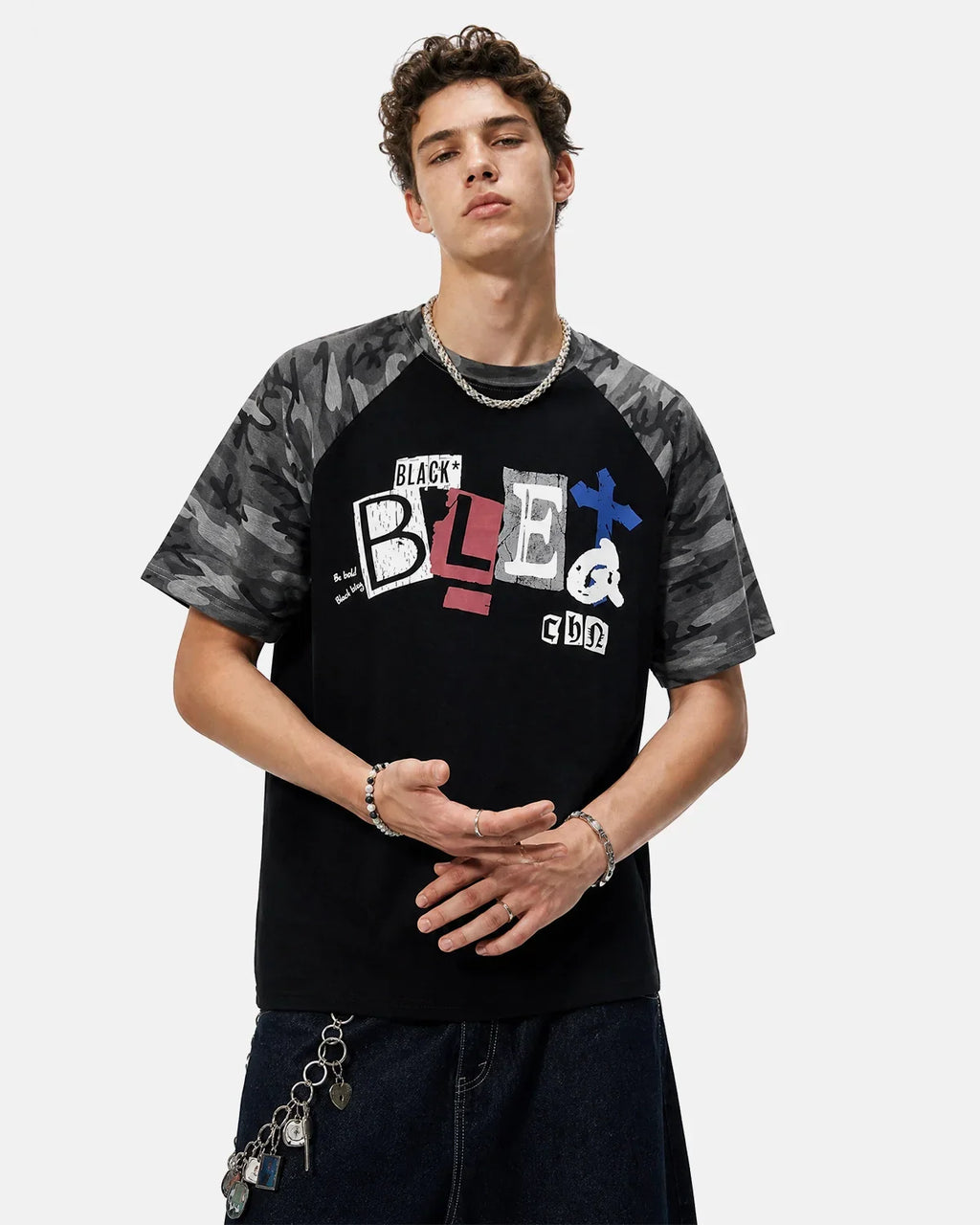 Camo sleeve graphic boxy T-shirt by INFLATION featuring a bold camouflage design on sleeves and a relaxed fit.