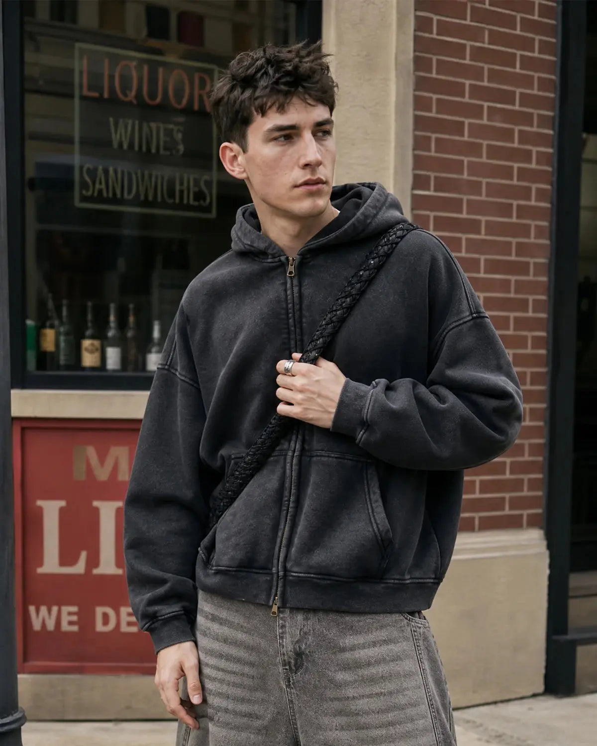 Vintage washed Flation zip-up hoodie with a casual fit and soft fabric, featuring a front zipper and relaxed style.