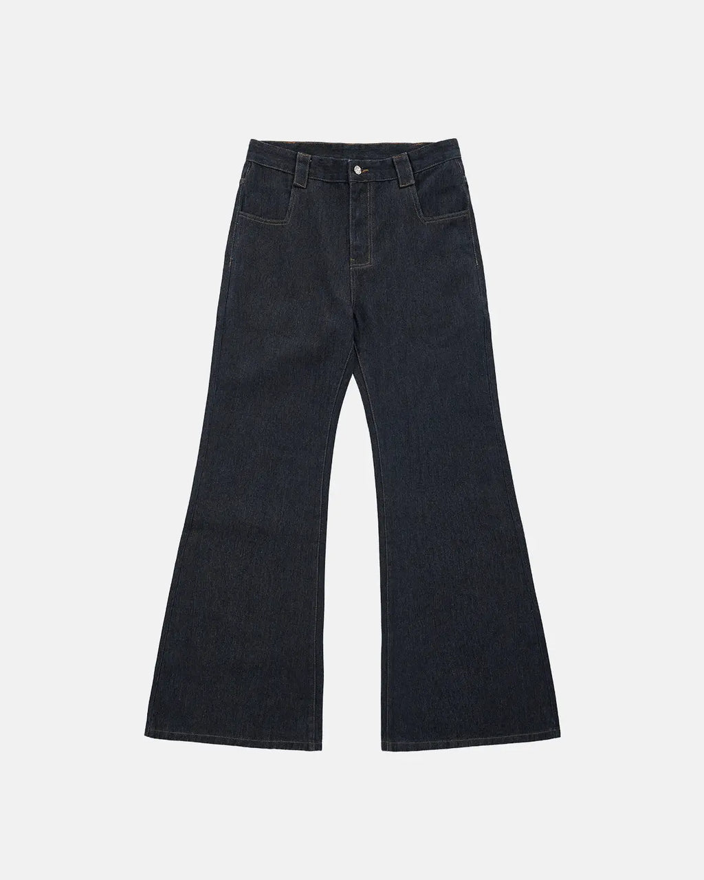 Super Raw Flared Baggy Jeans by Flation featuring a high-rise waist and wide-leg fit, shown on a model in a streetwear setting.