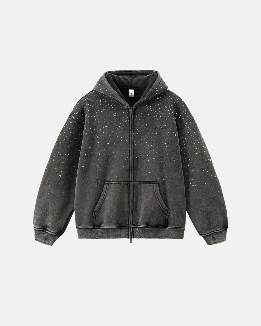 Distressed washed fleece rhinestone zip-up hoodie by Flation Streetwear, featuring a casual fit and sparkling rhinestone accents.
