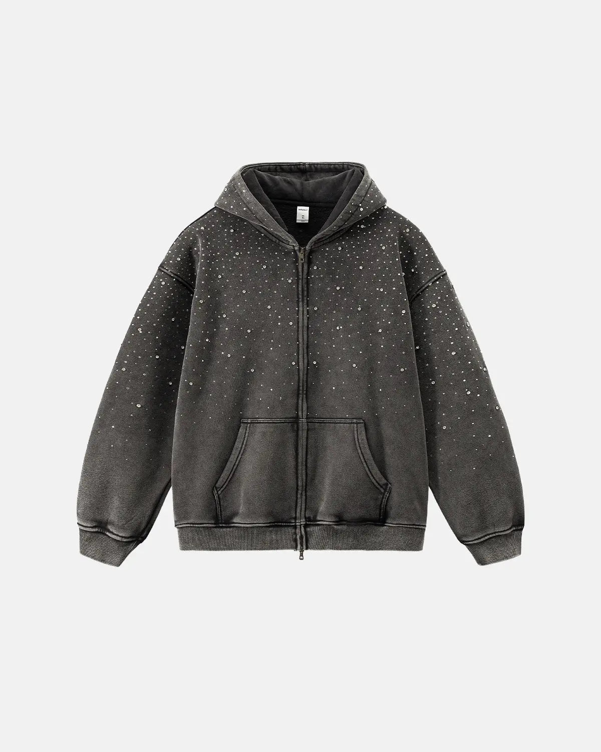 Distressed washed fleece rhinestone zip-up hoodie by Flation Streetwear, featuring a casual fit and sparkling rhinestone accents.