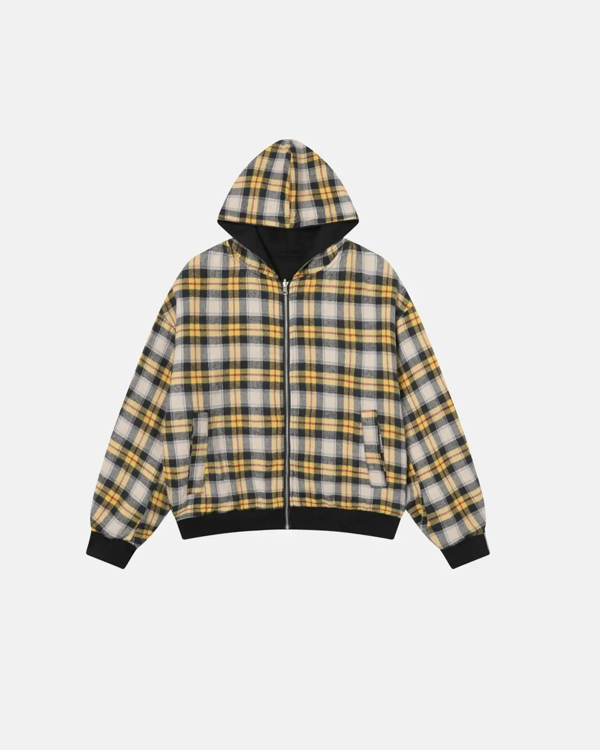 Reversible plaid zip-up hoodie by INFLATION, featuring a stylish checkered pattern and a comfortable hoodie design.