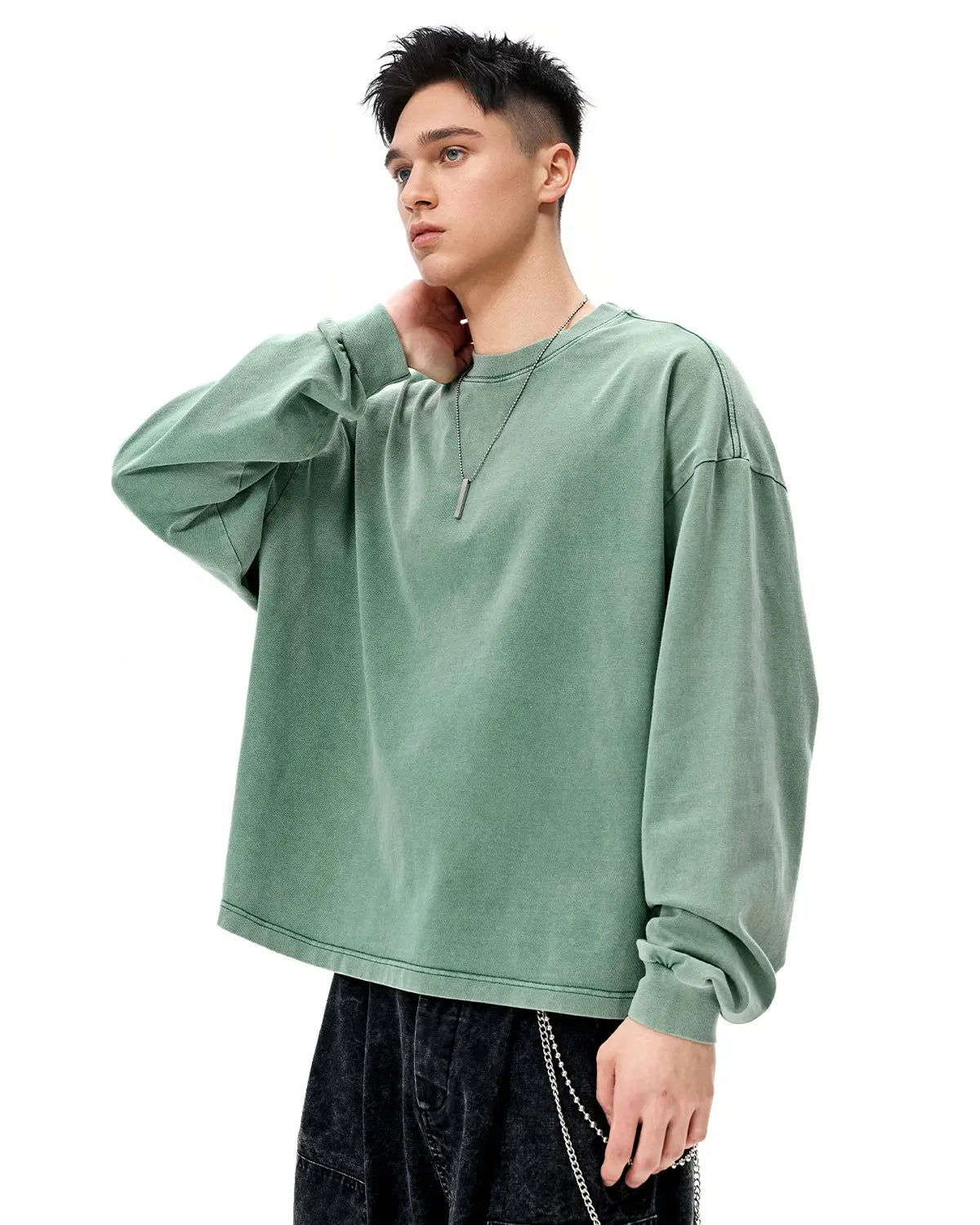 Distressed washed long sleeve tee from Flation Streetwear, featuring a vintage, worn-in look with casual, relaxed fit.