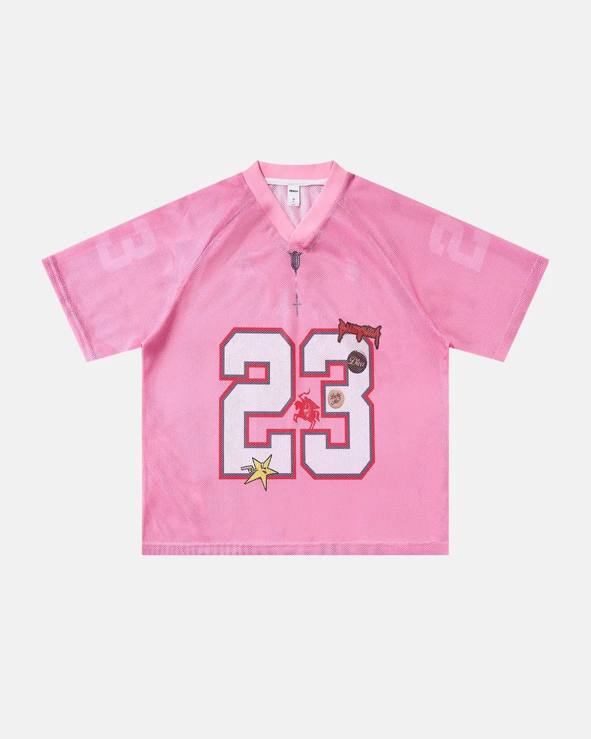 Pink mesh jersey t-shirt from INFLATION's Number 23 collection featuring lightweight, breathable fabric and a modern streetwear style.