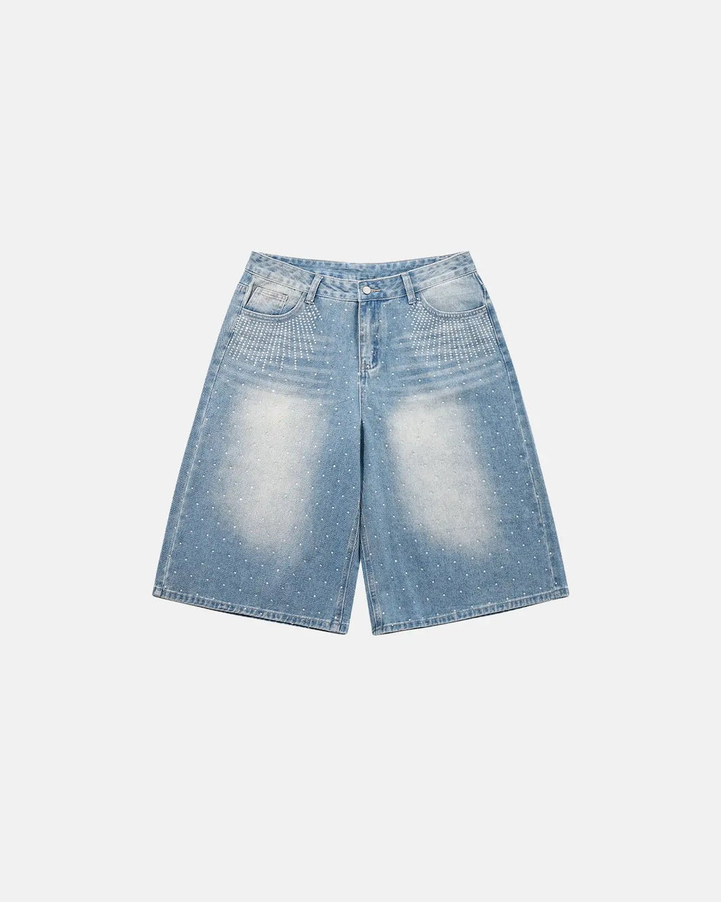 Blue rhinestone baggy jeans shorts by Flation, streetwear style pants with rhinestone embellishments and relaxed fit.