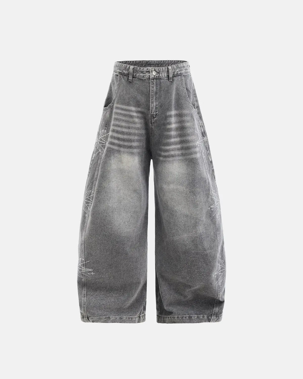 Flation streetwear barrel baggy jeans with star graphic rhinestone details, casual pants with relaxed fit and stylish design.
