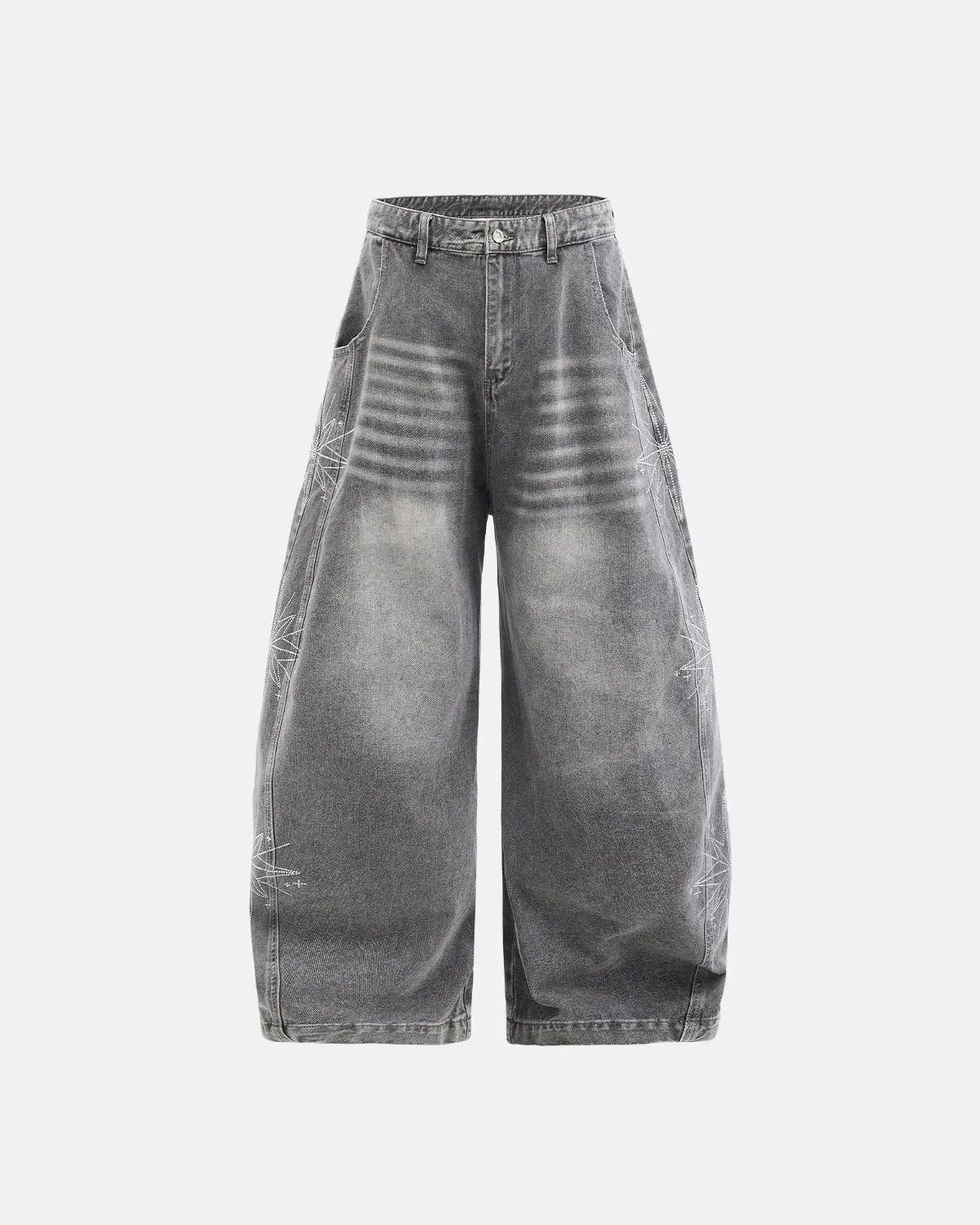Flation streetwear barrel baggy jeans with star graphic rhinestone details, casual pants with relaxed fit and stylish design.