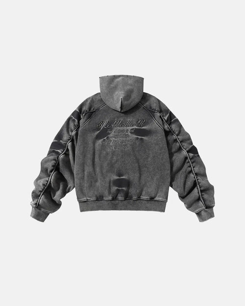 Acid Washed Embroidery Zip Up Hoodie by INFLATION Streetwear, featuring a front zipper, embroidered details, and a casual fit.
