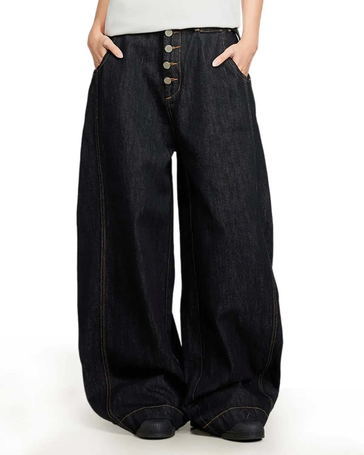 Black Buttons Up Barrel Baggy Jeans by INFLATION Streetwear featuring relaxed fit, button details, and classic barrel silhouette.
