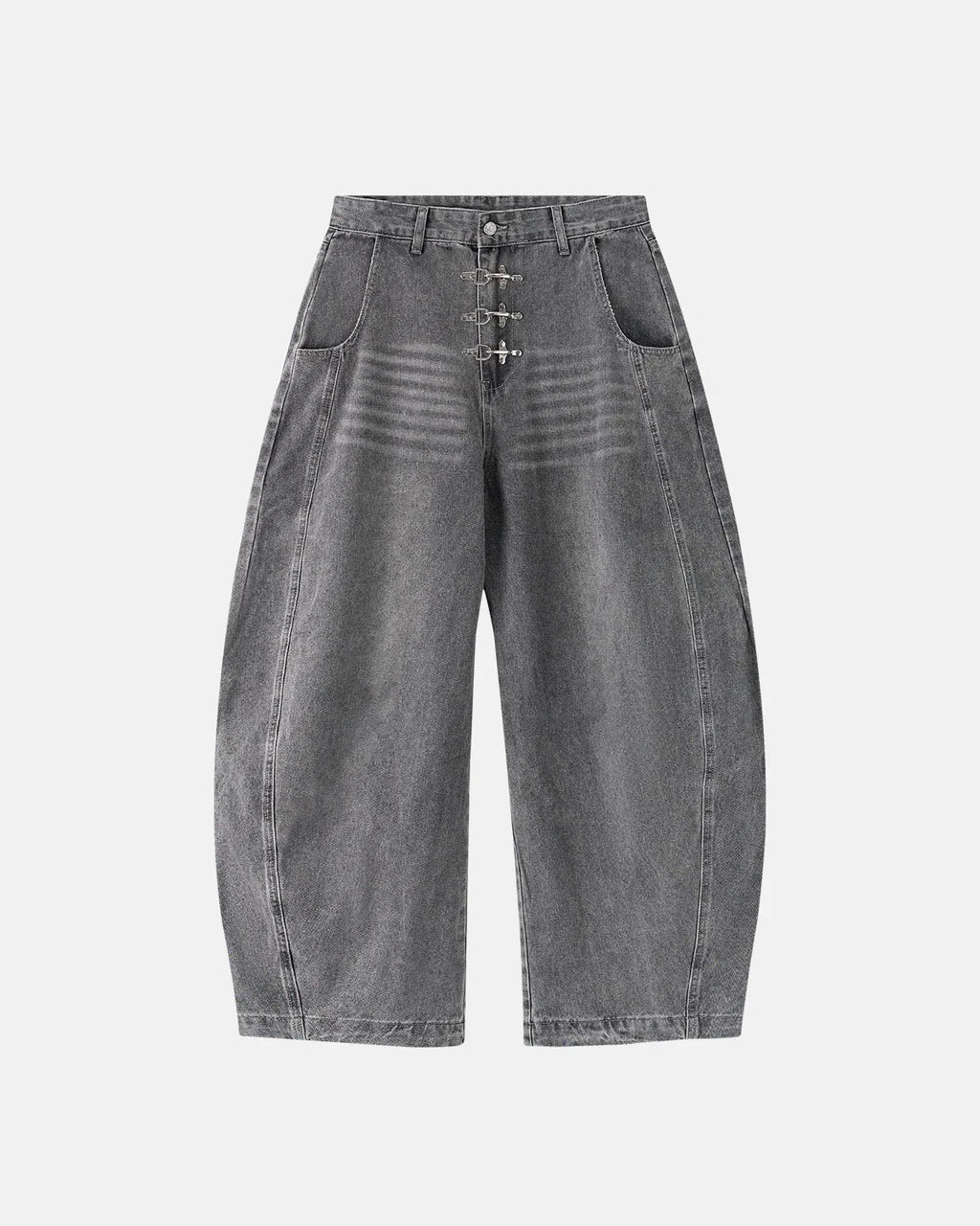 Gray metal clasp barrel jeans from Inflation Streetwear, featuring a stylish fit and classic denim design.