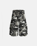 Grey camo utility longline shorts by INFLATION, featuring multiple pockets and a relaxed fit, perfect for streetwear style.